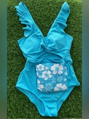 Girls Blue One Piece Swimsuit Set w/ Floral Cover Up Size 11-12